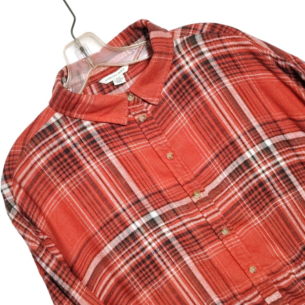 American Eagle Flannel Shirt Womens Small Red Plaid Peplum Long Sleeve
